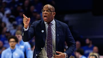 Dec 2, 2025; Lexington, Kentucky, USA; North Carolina Tar Heels head coach Hubert Davis calls out a play during the first half against the Kentucky Wildcats at Rupp Arena at Central Bank Center. Mandatory Credit: Jordan Prather-Imagn Images