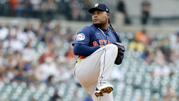 Aug 20, 2025; Detroit, Michigan, USA;  Houston Astros pitcher Framber Valdez (59) pitches in the first inning against the Detroit Tigers at Comerica Park. 
