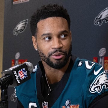 Philadelphia Eagles cornerback Darius Slay Jr. speaks with the media during a press conference prior to the Super Bowl