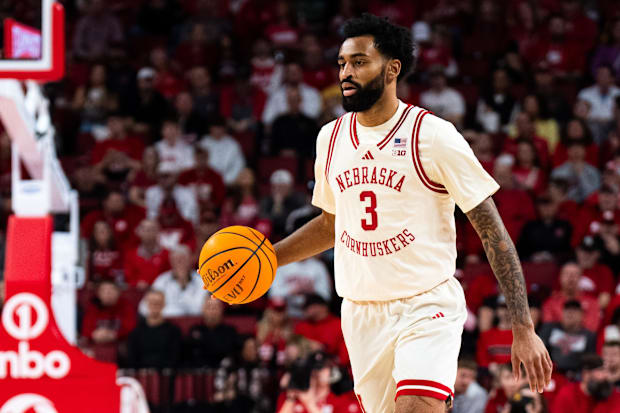 Nebraska Cornhuskers guard Brice Williams (3) dribbles against the Iowa Hawkeyes during the first half at Pinnacle Bank Arena