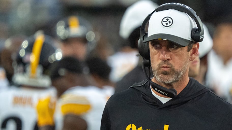 Aaron Rodgers on the sideline during a Steelers preseason game.