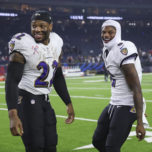 Baltimore Ravens running back Derrick Henry and quarterback Lamar Jackson