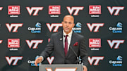 Nov 19, 2025; Blacksburg, VA, USA;  Virgiia Tech head coach James Franklin speaks at the conference at Cassell Coliseum. Mandatory Credit: Brian Bishop-Imagn Images