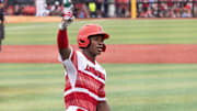 Louisville outfielder Eddie King Jr. celebrates his second home run of the game during the NCAA baseball Super Regional game 2 at Jim Patterson Stadium on June 7, 2025 in Louisville, Ky.
