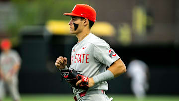 Ohio State's Matthew Graveline during a NCAA Big Ten Conference baseball game against Ohio State, Friday, May 5, 2023, at Duane Banks Field in Iowa City, Iowa.