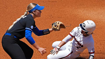Georgia infielder Jaydyn Goodwin (2) slides past Kentucky utility Ally Hutchins (7) into sound base during a SEC softball tournament in Athens, Ga., on Tuesday, May 6, 2025.