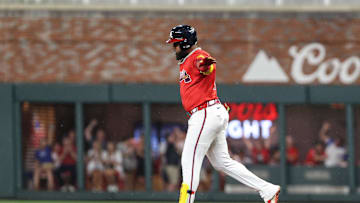 Jun 13, 2025; Cumberland, Georgia, USA; Atlanta Braves designated hitter Marcell Ozuna (20) celebrates hitting a home run against the Colorado Rockies during the seventh inning at Truist Park. Mandatory Credit: Jordan Godfree-Imagn Images