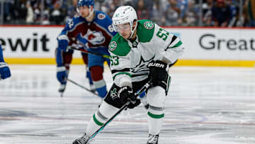 May 13, 2024; Denver, Colorado, USA; Dallas Stars center Wyatt Johnston (53) controls the puck in the third period against the Colorado Avalanche in game four of the second round of the 2024 Stanley Cup Playoffs at Ball Arena. Mandatory Credit: Isaiah J. Downing-Imagn Images