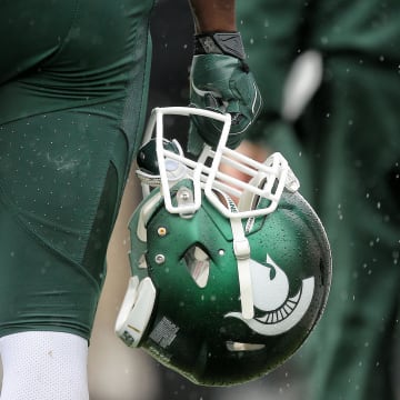 Oct 3, 2015; East Lansing, MI, USA; General view of Michigan State Spartans helmet during the 1st quarter of a game against the Purdue Boilermakers at Spartan Stadium. Mandatory Credit: Mike Carter-USA TODAY Sports