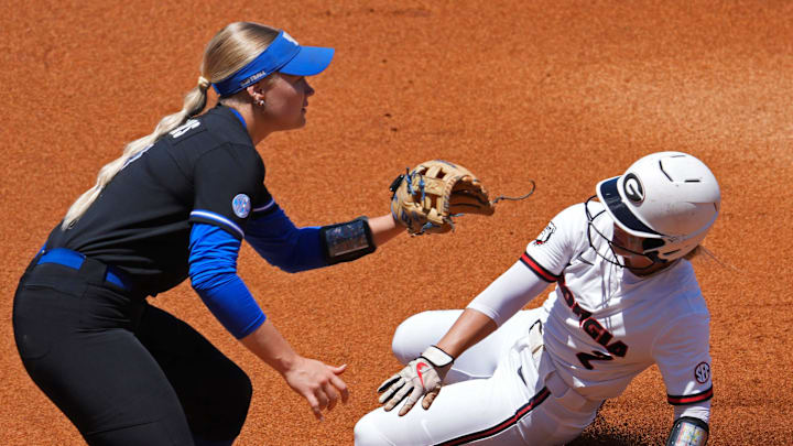 Georgia infielder Jaydyn Goodwin (2) slides past Kentucky utility Ally Hutchins (7) into sound base during a SEC softball tournament in Athens, Ga., on Tuesday, May 6, 2025.