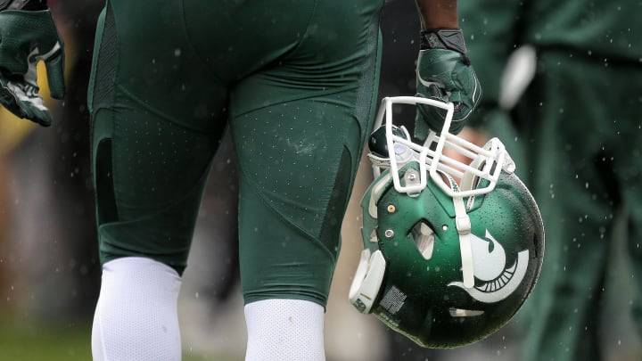 Oct 3, 2015; East Lansing, MI, USA; General view of Michigan State Spartans helmet during the 1st quarter of a game against the Purdue Boilermakers at Spartan Stadium. Mandatory Credit: Mike Carter-USA TODAY Sports