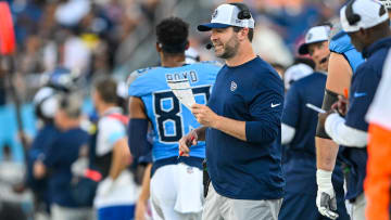 Aug 10, 2024; Nashville, Tennessee, USA;  Tennessee Titans head coach Brian Callahan calls the play during the first half at Nissan Stadium.