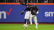 Jun 14, 2024; New York City, New York, USA; New York Mets left fielder Brandon Nimmo (9) and center fielder Tyrone Taylor (15) and right fielder Starling Marte (6) celebrate the victory against the San Diego Padres after the ninth inning at Citi Field. Mandatory Credit: Gregory Fisher-USA TODAY Sports