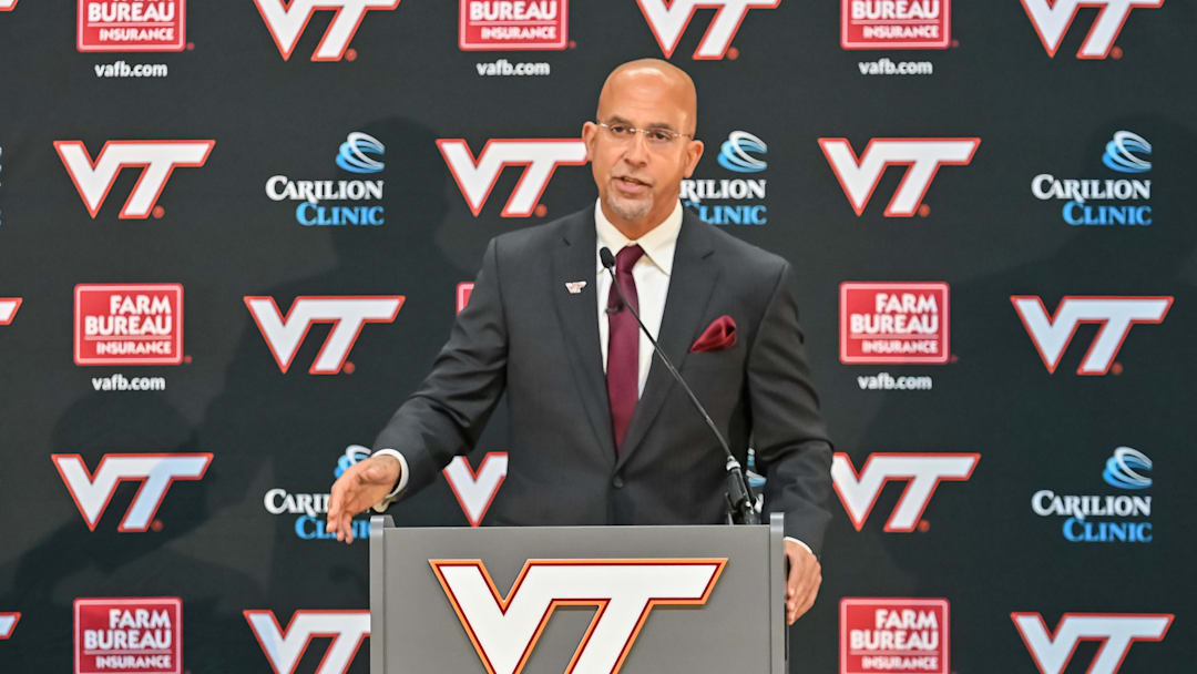 Nov 19, 2025; Blacksburg, VA, USA;  Virgiia Tech head coach James Franklin speaks at the conference at Cassell Coliseum. Mandatory Credit: Brian Bishop-Imagn Images