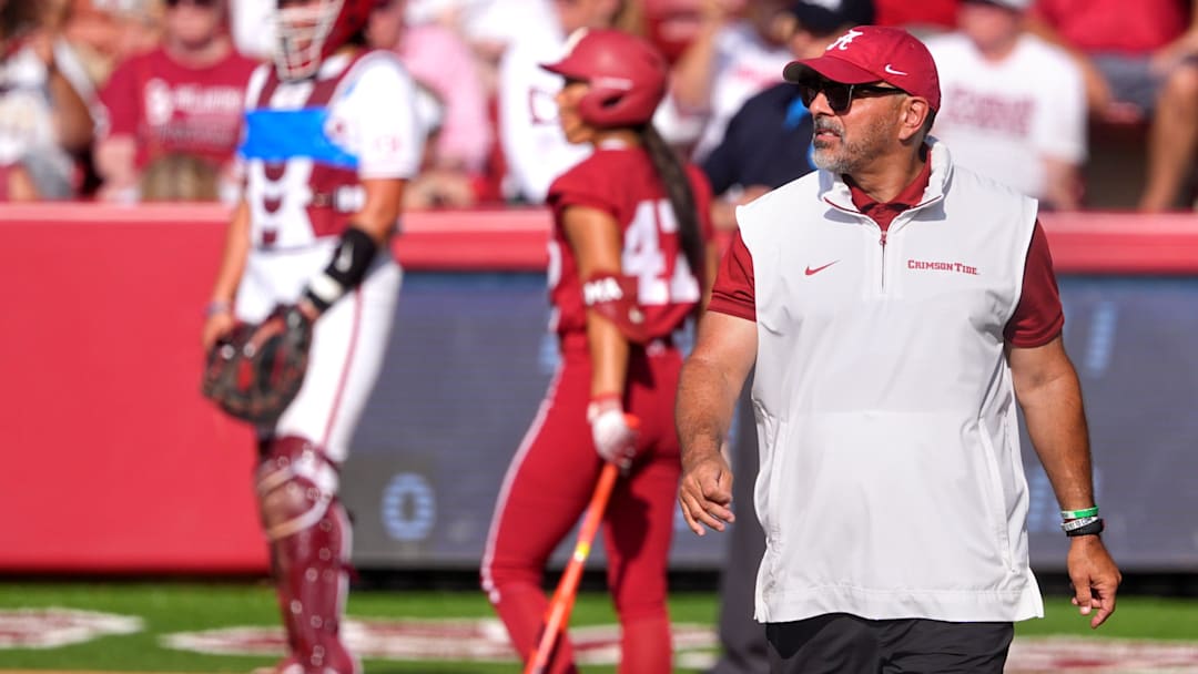 Alabama head coach Patrick Murphy is pictured during the NCAA Norman Super Regional between the University of Oklahoma Sooners and the Alabama Crimson Tide at Love's Field in Norman, Okla., Friday, May, 23, 2025.