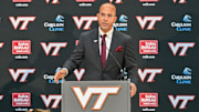 Nov 19, 2025; Blacksburg, VA, USA;  Virgiia Tech head coach James Franklin speaks at the conference at Cassell Coliseum. Mandatory Credit: Brian Bishop-Imagn Images