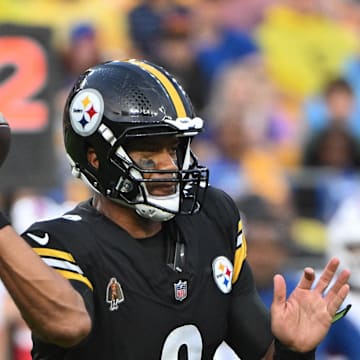 Aug 17, 2024; Pittsburgh, Pennsylvania, USA;  Pittsburgh Steelers quarterback Russell Wilson (3) looks to throw against the Buffalo Bills during the first quarter at Acrisure Stadium. Mandatory Credit: Barry Reeger-Imagn Images