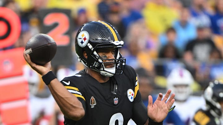 Aug 17, 2024; Pittsburgh, Pennsylvania, USA;  Pittsburgh Steelers quarterback Russell Wilson (3) looks to throw against the Buffalo Bills during the first quarter at Acrisure Stadium. Mandatory Credit: Barry Reeger-Imagn Images