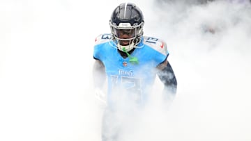 Dec 8, 2024; Nashville, Tennessee, USA;   Tennessee Titans cornerback Chidobe Awuzie (13) runs onto the field during intros against the Jacksonville Jaguars at Nissan Stadium. Mandatory Credit: Steve Roberts-Imagn Images