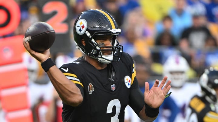 Aug 17, 2024; Pittsburgh, Pennsylvania, USA;  Pittsburgh Steelers quarterback Russell Wilson (3) looks to throw against the Buffalo Bills during the first quarter at Acrisure Stadium. Mandatory Credit: Barry Reeger-USA TODAY Sports