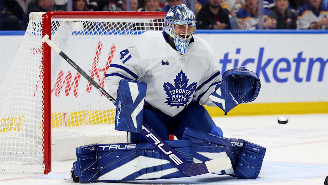 Oct 24, 2025; Buffalo, New York, USA; Toronto Maple Leafs goaltender Anthony Stolarz (41) looks to make a save during the second period against the Buffalo Sabres at KeyBank Center. Mandatory Credit: Timothy T. Ludwig-Imagn Images Oct 24, 2025; Buffalo, New York, USA; Toronto Maple Leafs goaltender Anthony Stolarz (41) looks to make a save during the second period against the Buffalo Sabres at KeyBank Center. Mandatory Credit: Timothy T. Ludwig-Imagn Images