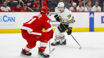 Dec 31, 2023; Detroit, Michigan, USA; Boston Bruins left wing Jake DeBrusk (74) handles the puck