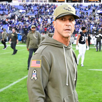 Oct 26, 2025; Baltimore, Maryland, USA;  Baltimore Ravens head coach John Harbaugh looks on after the game against the Chicago Bears at M&T Bank Stadium. Mandatory Credit: Tommy Gilligan-Imagn Images