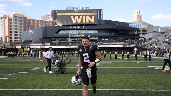 Sep 27, 2025; Nashville, Tennessee, USA;  Vanderbilt Commodores quarterback Diego Pavia (2) runs off the field after the win against the Utah State Aggies after the game at FirstBank Stadium. Mandatory Credit: Steve Roberts-Imagn Images