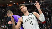 Mar 13, 2025; Milwaukee, Wisconsin, USA; Milwaukee Bucks center Brook Lopez (11) reacts in the second quarter against the Los Angeles Lakers at Fiserv Forum. Mandatory Credit: Benny Sieu-Imagn Images