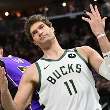Mar 13, 2025; Milwaukee, Wisconsin, USA; Milwaukee Bucks center Brook Lopez (11) reacts in the second quarter against the Los Angeles Lakers at Fiserv Forum. Mandatory Credit: Benny Sieu-Imagn Images