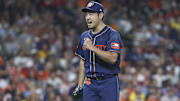 Aug 19, 2024; Houston, Texas, USA; Houston Astros starting pitcher Yusei Kikuchi (16) reacts after a play during the fifth inning against the Boston Red Sox at Minute Maid Park.