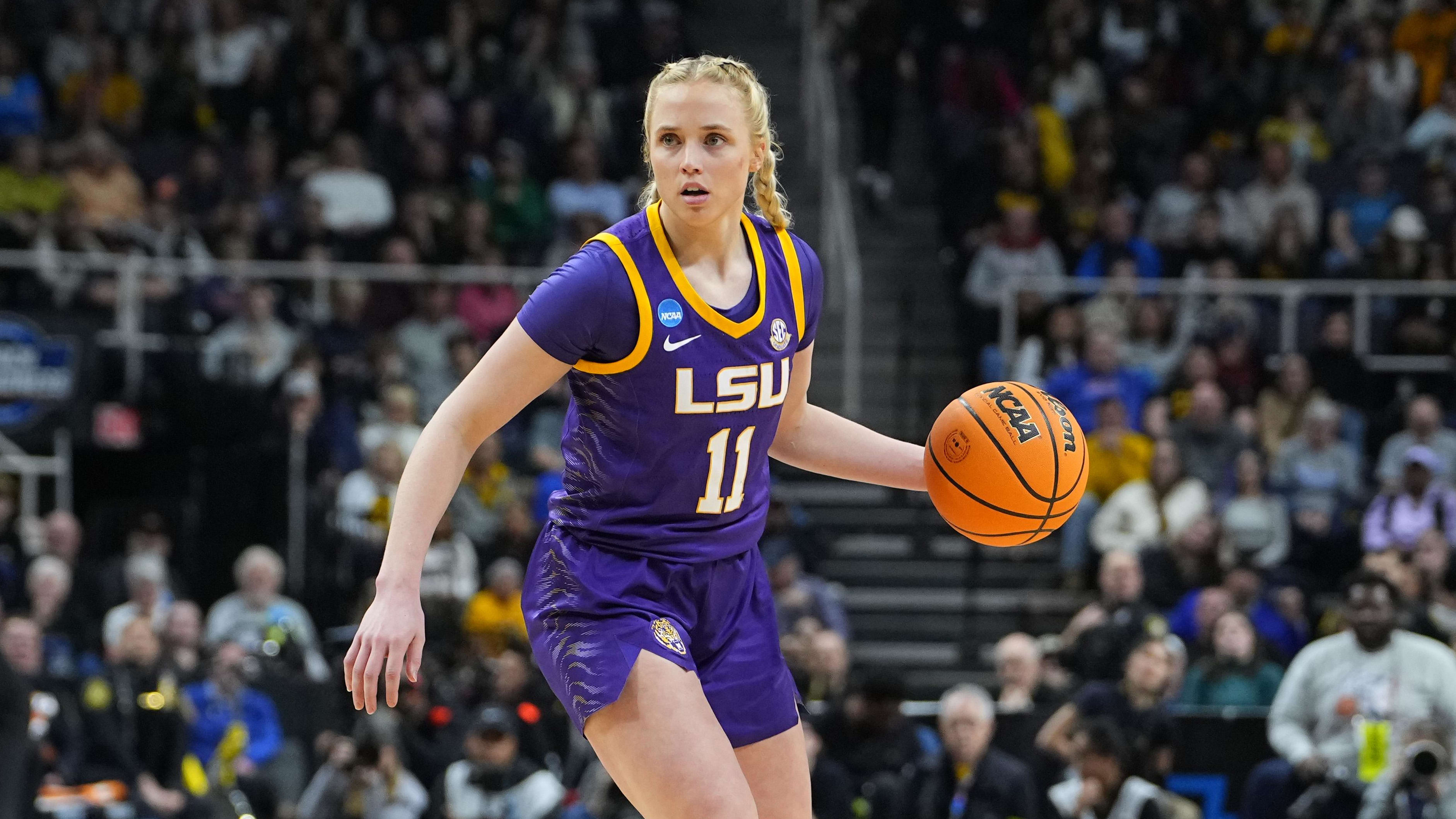 Hailey Van Lith dribbles the ball for LSU