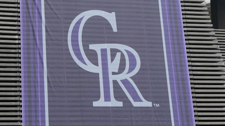 Apr 26, 2024; Mexico City, Mexico;  A banner with the Colorado Rockies logo at Estadio Alfredo Harp Helu. 
