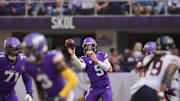 Nov 16, 2025; Minneapolis, Minnesota, USA;  Minnesota Vikings quarterback J.J. McCarthy (9) throws downfield during the first quarter against the Chicago Bears at U.S. Bank Stadium. Mandatory Credit: Brad Rempel-Imagn Images