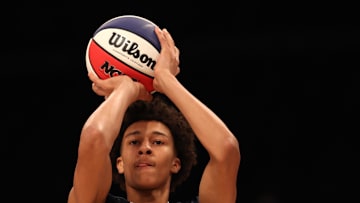 Mar 31, 2025; Brooklyn, New York, USA; McDonald’s All American East forward Nate Ament (10) shoots the ball during the Sprite Jam Fest at Barclay's Center. Mandatory Credit: Pamela Smith-Imagn Images