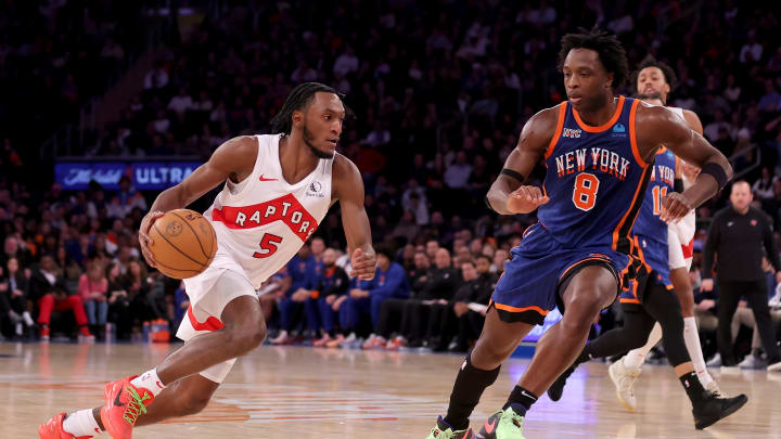Jan 20, 2024; New York, New York, USA; Toronto Raptors guard Immanuel Quickley (5) drives to the basket against New York Knicks forward OG Anunoby (8) during the fourth quarter at Madison Square Garden. Mandatory Credit: Brad Penner-USA TODAY Sports