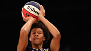 Mar 31, 2025; Brooklyn, New York, USA; McDonald’s All American East forward Nate Ament (10) shoots the ball during the Sprite Jam Fest at Barclay's Center. Mandatory Credit: Pamela Smith-Imagn Images