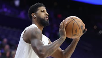 Feb 24, 2025; Philadelphia, Pennsylvania, USA; Philadelphia 76ers forward Paul George before a game against the Chicago Bulls at Wells Fargo Center. Mandatory Credit: Bill Streicher-Imagn Images