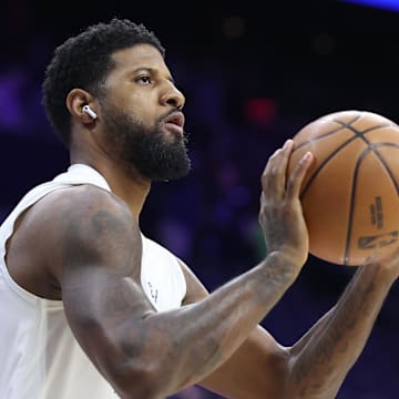 Feb 24, 2025; Philadelphia, Pennsylvania, USA; Philadelphia 76ers forward Paul George before a game against the Chicago Bulls at Wells Fargo Center. Mandatory Credit: Bill Streicher-Imagn Images