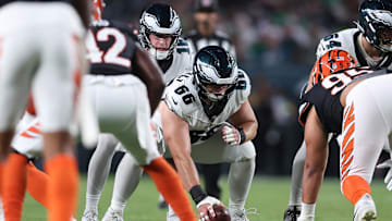 Aug 7, 2025; Philadelphia, Pennsylvania, USA; Philadelphia Eagles center Drew Kendall (66) in action against the Cincinnati Bengals at Lincoln Financial Field.