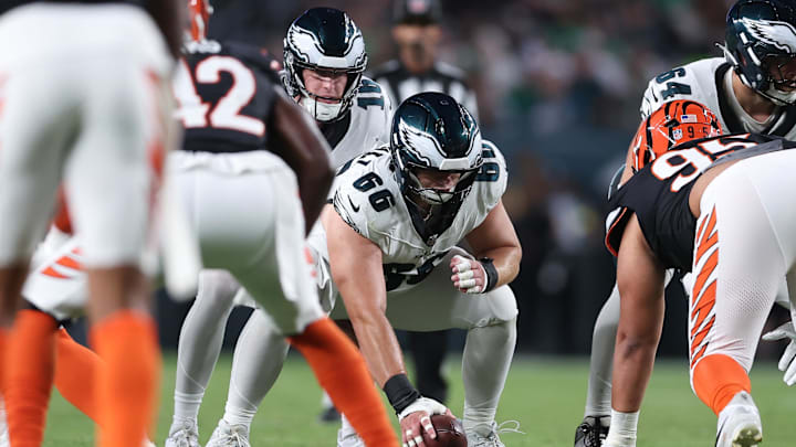 Aug 7, 2025; Philadelphia, Pennsylvania, USA; Philadelphia Eagles center Drew Kendall (66) in action against the Cincinnati Bengals at Lincoln Financial Field.