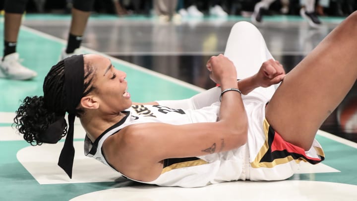 Las Vegas Aces forward A'ja Wilson (22) reacts after being fouled.