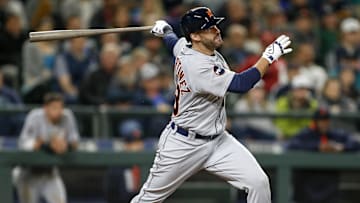 Jun 20, 2017; Seattle, WA, USA; Detroit Tigers right fielder J.D. Martinez (28) hits a solo-home run against the Seattle Mariners during the eighth inning at Safeco Field.