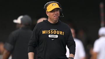 Oct 25, 2025; Nashville, Tennessee, USA; Missouri Tigers head coach Eli Drinkwitz on the sidelines during the second quarter against the Vanderbilt Commodores at FirstBank Stadium. Mandatory Credit: Steve Roberts-Imagn Images