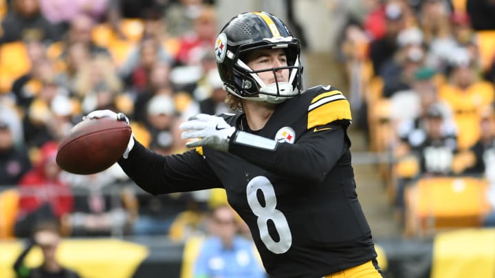 Dec 3, 2023; Pittsburgh, Pennsylvania, USA;  Pittsburgh Steelers quarterback Kenny Pickett (8) against the Arizona Cardinals during the second quarter at Acrisure Stadium. Mandatory Credit: Philip G. Pavely-USA TODAY Sports