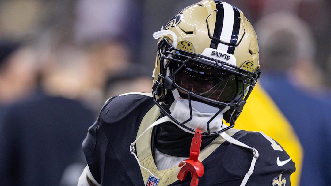 Sep 14, 2025; New Orleans, Louisiana, USA;  New Orleans Saints cornerback Alontae Taylor (1) during warmups against the San Francisco 49ers at Caesars Superdome.