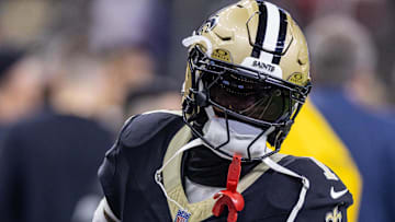 Sep 14, 2025; New Orleans, Louisiana, USA;  New Orleans Saints cornerback Alontae Taylor (1) during warmups against the San Francisco 49ers at Caesars Superdome.