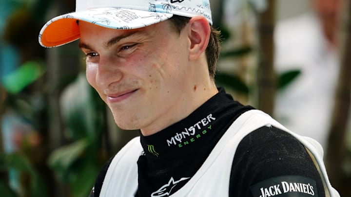 May 4, 2024; Miami Gardens, Florida, USA; McLaren driver Oscar Piastri (81) after the F1 Sprint Race at Miami International Autodrome. Mandatory Credit: John David Mercer-Imagn Images