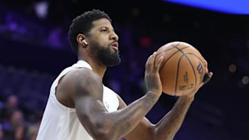 Feb 24, 2025; Philadelphia, Pennsylvania, USA; Philadelphia 76ers forward Paul George before a game against the Chicago Bulls at Wells Fargo Center. Mandatory Credit: Bill Streicher-Imagn Images
