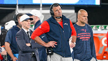Aug 21, 2025; East Rutherford, New Jersey, USA; New England Patriots head coach Mike Vrabel during the third quarter against the New York Giants at MetLife Stadium. Mandatory Credit: Mark Smith-Imagn Images